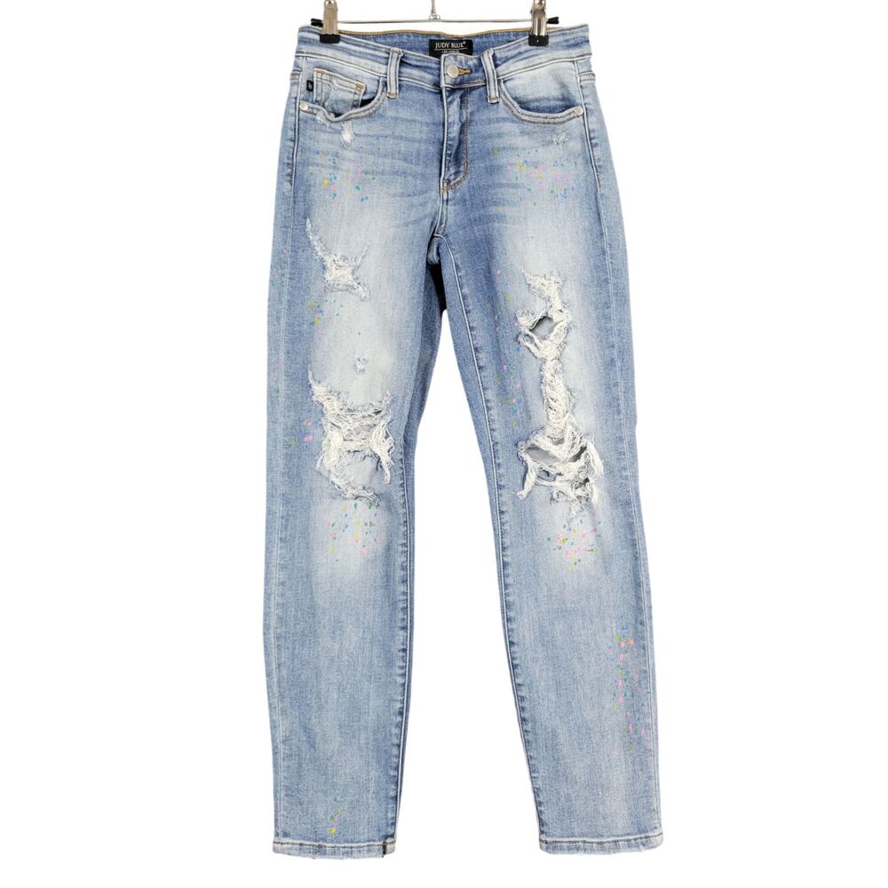 JUDY BLUE Distressed Paint Splatter Boyfriend Fit Denim Blue Jeans SIZE 1 25
